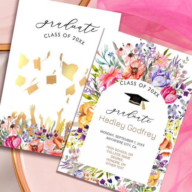 Anúncio de Convite para Primavera de Flor Selvagem (Pretty Wildflower Spring Invitation Announcement #goldgraduationhat #springbloom #brightfloral)