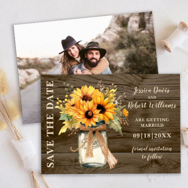 Anúncio de data de casamento com girassóis rústico (Rustic Sunflowers String lights save the date )