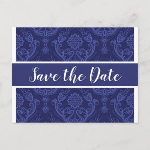 Anúncio de Data de Casamento em Damask Azul Marinh
