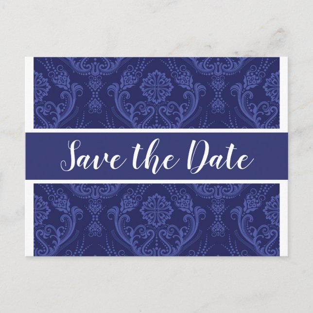 Anúncio de Data de Casamento em Damask Azul Marinh (Frente)