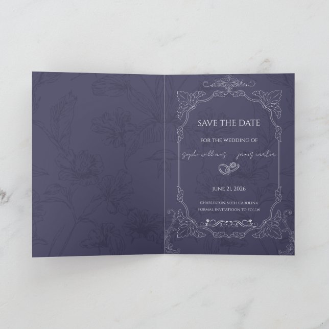 Anúncio de Data de Casamento Floral Azul Marinho V (Interior)
