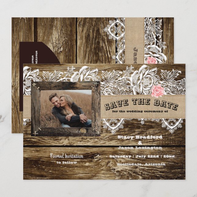 Anúncio de Data de Casamento Rustic Barnwood & Lac (Frente/Verso)