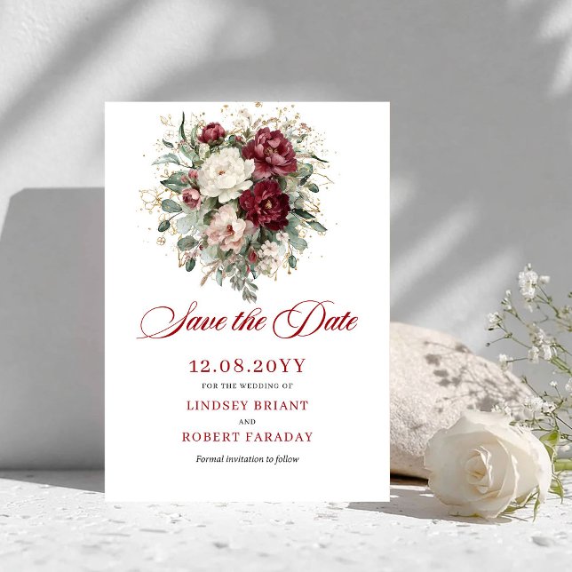 Anúncio de Data de Rústico Bege Burgundy Folhagem (Rustic Blush Burgundy Greenery Save The Date)