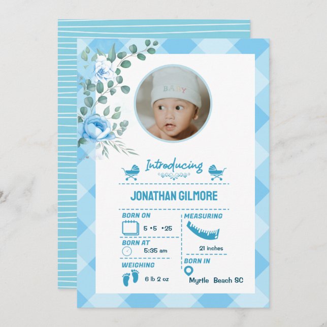 Anúncio de Estatísticas de Nascimento de Foto Azul (Frente/Verso)