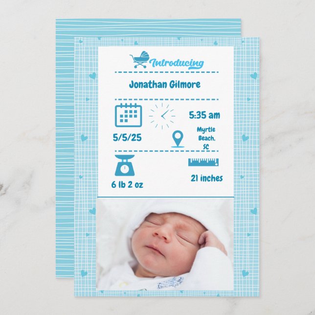 Anúncio de Estatísticas de Nascimento de Foto Azul (Frente/Verso)