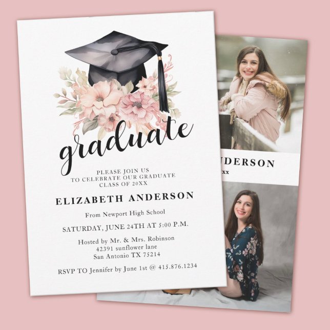 Anúncio de Festa de formatura Floral Elegante (An elegant girls floral graduation party invitation. Personalize with your name and photos.)