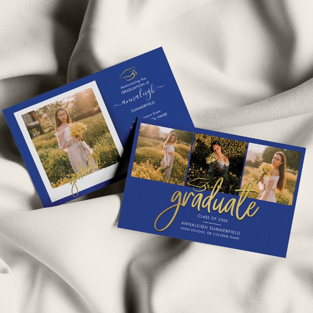 Anúncio de Formando de Colagem de Fotos para Gradu (Graduation Script Photo Collage Royal Blue Announcement)