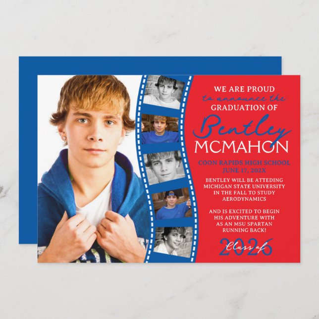 Anúncio de Formando de Fita de Foto Vermelha e Azu (Frente/Verso)