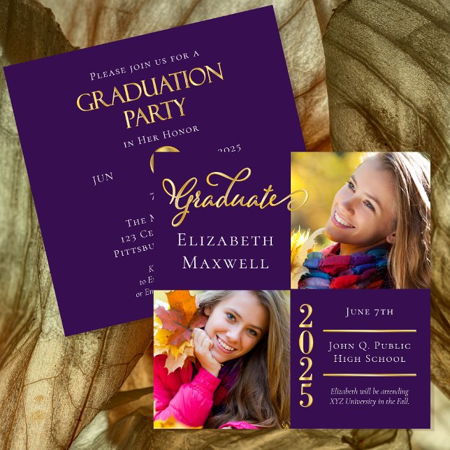 Anúncio de Formatação de Fotos Dourada Roxa | Part (Purple and Gold Tone Two Photo Collage 2025 Graduation Announcement | Party Invitation Combination)