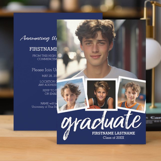 Anúncio de Formatura Azul Marinho com 4 Fotos (Classic Graduation Announcement and Party Invitation with 4 Photos)