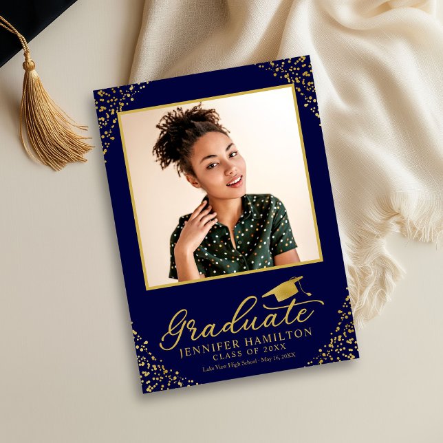 Anúncio de Formatura com Confete Dourado Azul Foto (Criador carregado)