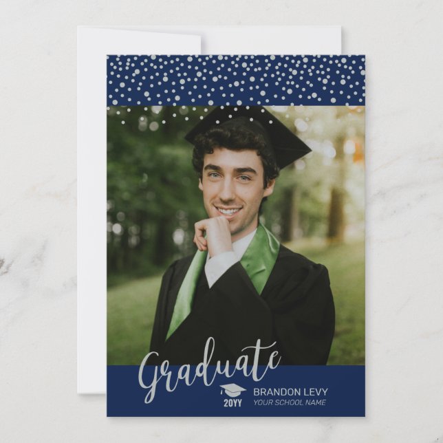 Anúncio de Formatura com Confetes Prata e Azul-Nav (Frente)