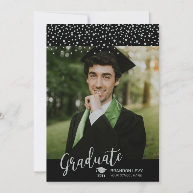 Anúncio de Formatura com Confetes Prata e Preto (Frente)