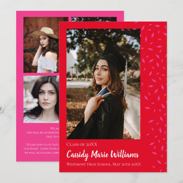 Anúncio de Formatura com Confetes Rosa e Vermelho (Frente/Verso)