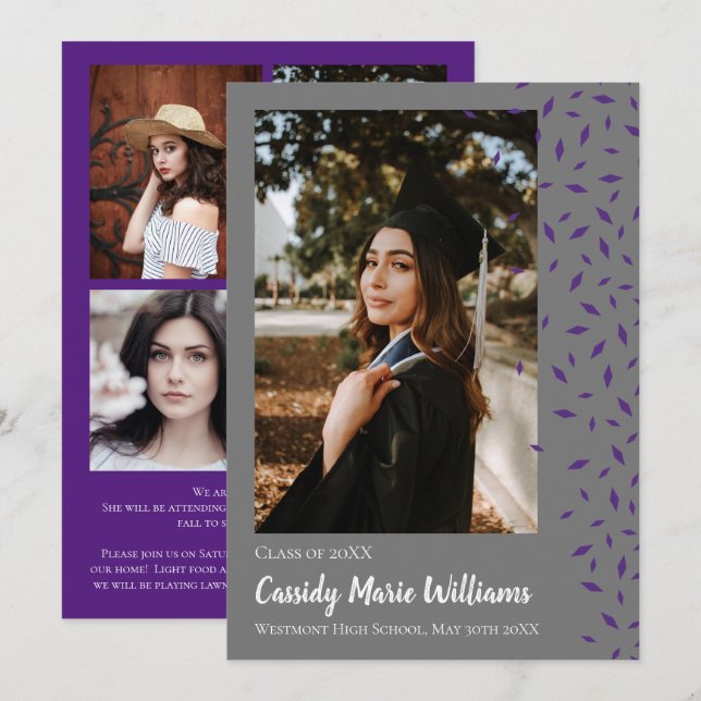 Anúncio de Formatura com Confetes Roxo e Cinza (Frente/Verso)