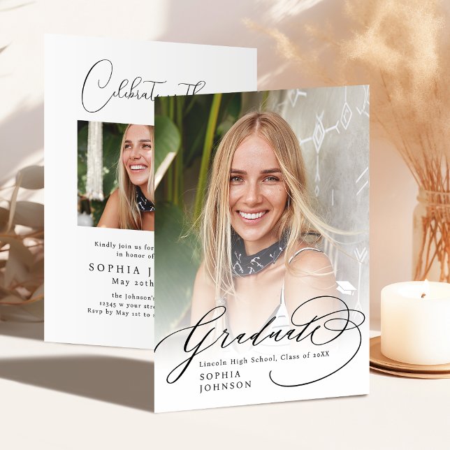 Anúncio de Formatura com Foto de Caligrafia Modern (Modern Calligraphy Photo Graduation Announcement)