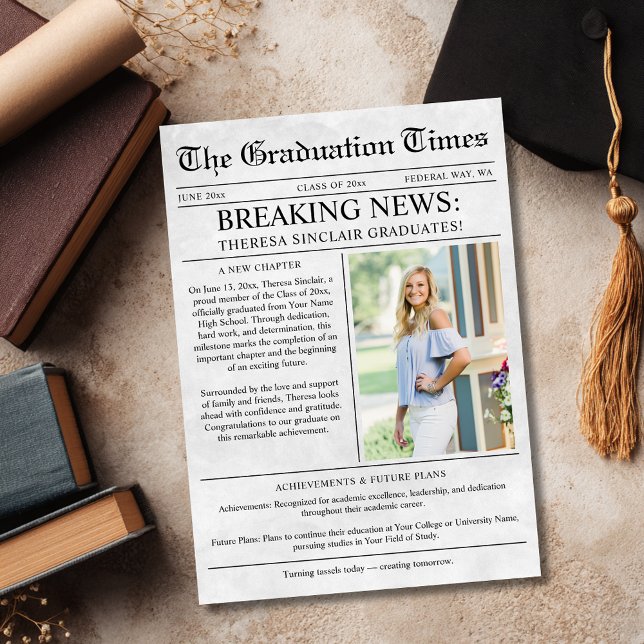 Anúncio de Formatura com Foto de Jornal Moderno (Newspaper Photo Graduation Announcement)