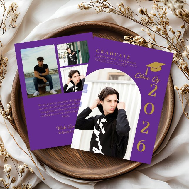 Anúncio de formatura com foto em roxo e dourado (Criador carregado)
