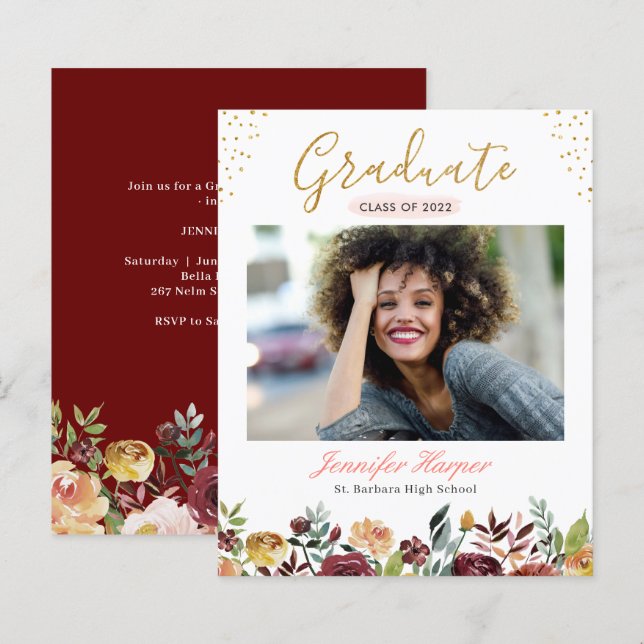 Anúncio de Formatura com Foto Floral de Borgonha E (Frente/Verso)