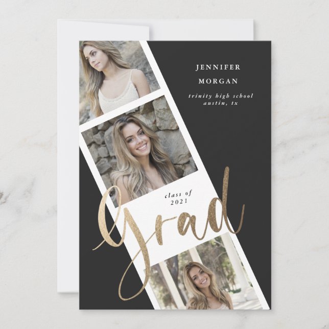 anúncio de formatura com três fotos em dourado (Frente)