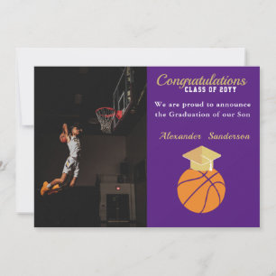 Anúncio de formatura de basquete azul e dourado