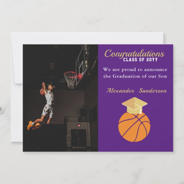 Anúncio de formatura de basquete azul e dourado (Frente)
