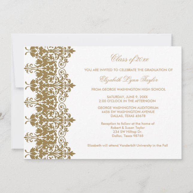 Anúncio de Formatura Dourado e Branco em Damask (Frente)