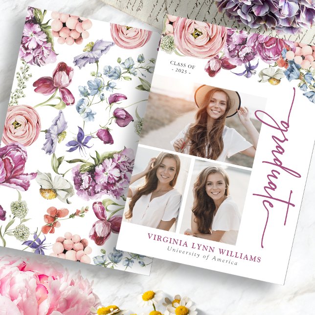Anúncio de Formatura Floral Borgonha (Burgundy Floral Graduation Announcement with Pictures by Painted Paperie
)