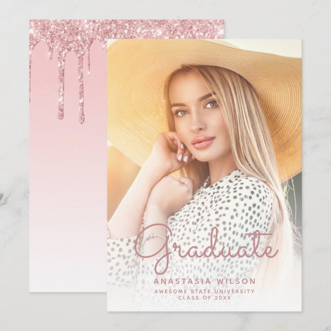 Anúncio de Formatura Glam Glitter Rosa com Foto (Frente/Verso)