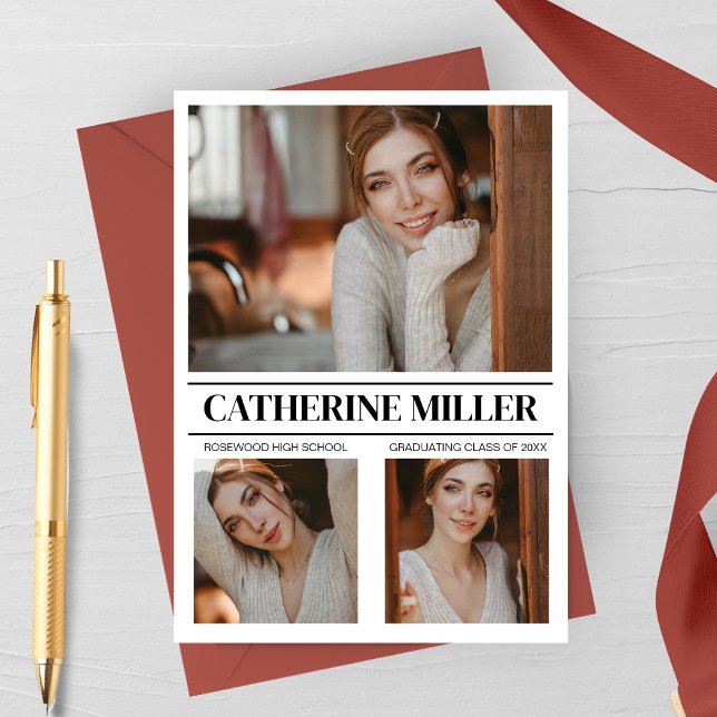 Anúncio de Formatura Minimalista Sofisticado (Sophisticated Modern Minimalist Graduation Photo Announcement Card | 3 Photos)