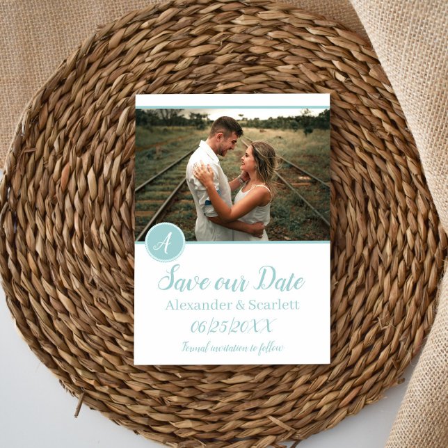 Anúncio de Foto com Monograma Azul Save The Date (Teal Monogram Photo Save the Date Announcement)
