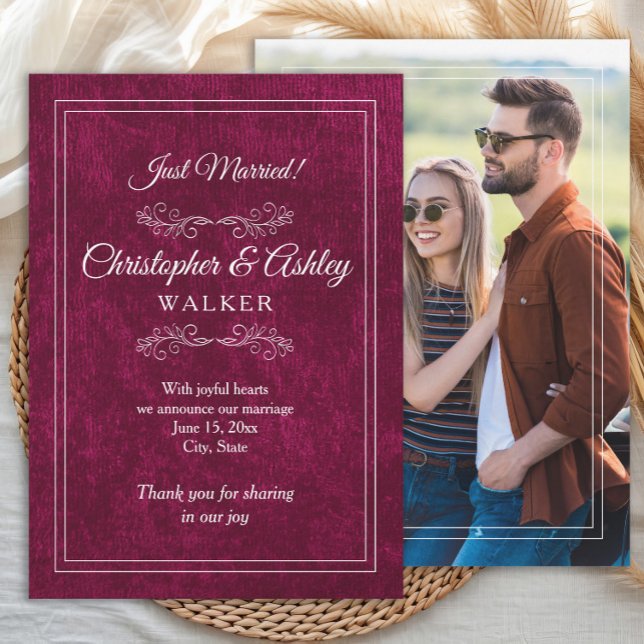 Anúncio de Foto de Casamento em Veludo Bordeaux El (Burgundy/Berry wedding photo announcement)