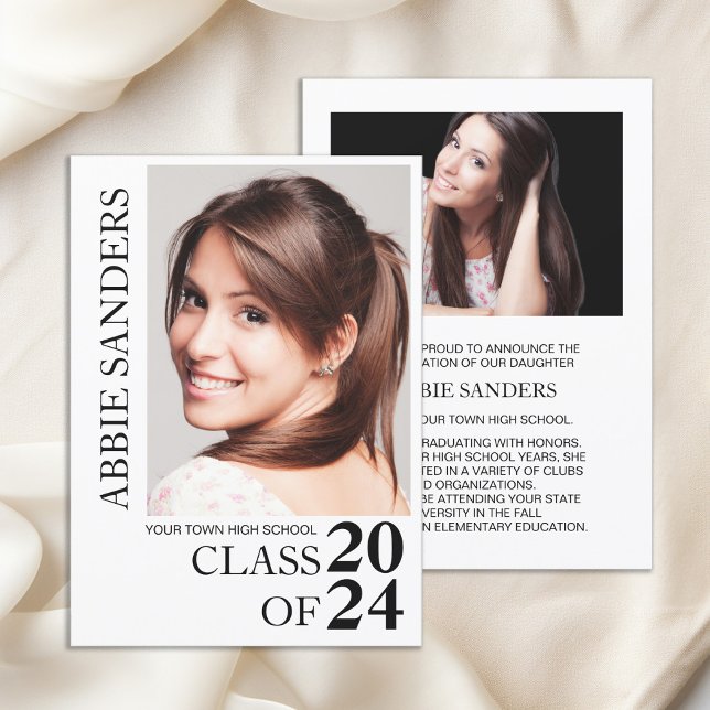 Anúncio de Foto de Formatura Preto e Branco (Black and white Class of 2024 high school graduation photo announcement)