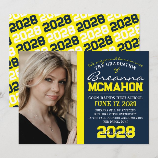 Anúncio de Foto de Graduação Azul e Amarelo do mar (Frente/Verso)