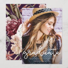 Anúncio de Foto de Graduação Floral bonito Púrpura