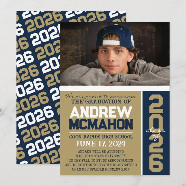 Anúncio de Foto de Graduação Moderna de Bronze e M (Frente/Verso)