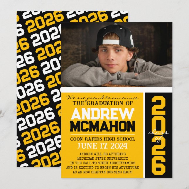 Anúncio de Foto de Graduação Moderna Dourada e Pre (Frente/Verso)