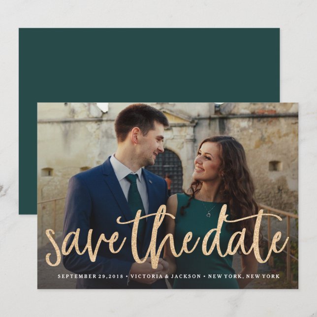 Anúncio de Foto de Save the Date com Dourado Brilh (Frente/Verso)