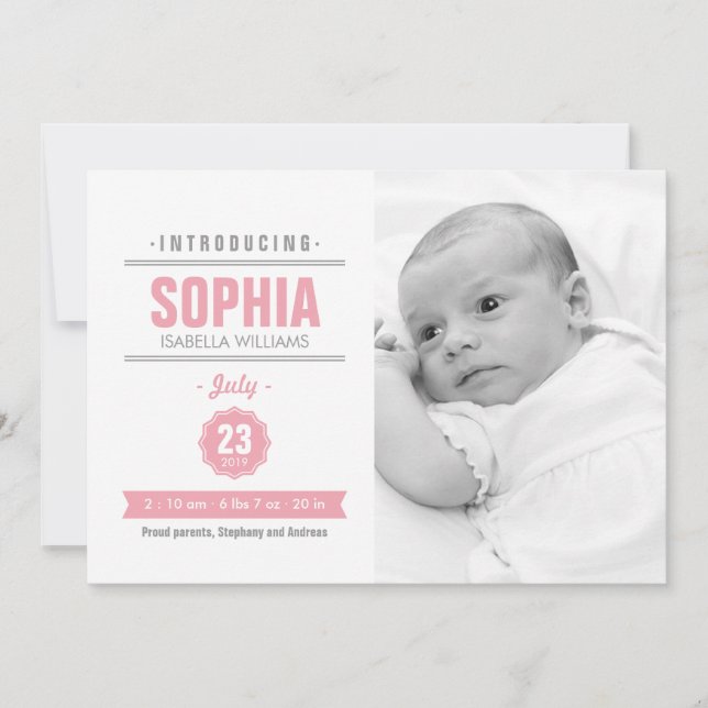 Anúncio de Foto do Nascimento do Bebê Rosa Moderno (Frente)