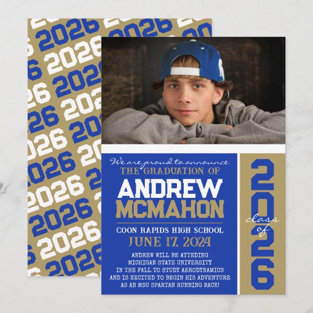 Anúncio de Foto Dourada de Graduação de Azul e Bro (Frente/Verso)