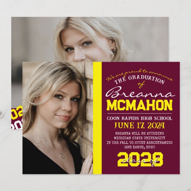 Anúncio de Foto para Graduação Amarela e Borgonha  (Frente/Verso)