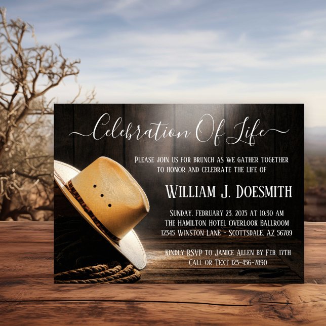 Anúncio de Funeral Memorial Cowboy (Cowboy hat and rope memorial invitation. Simply add your event details.)