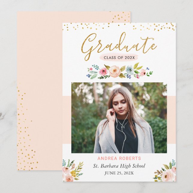 Anúncio de Graduação Blush Floral Dourado Script F (Frente/Verso)