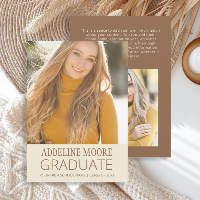 Anúncio de Graduação com 2 Fotos Amarelo Marrom (Modern soft yellow and brown 2-photo graduation announcement card)
