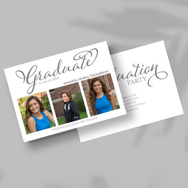 Anúncio de Graduação com Foto de Script de Graduad (Elegant graduation photo announcement with script typography and party invitation details on reverse)