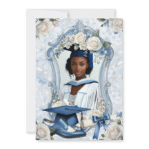 Anúncio de Graduação com Foto Floral Azul e Branco