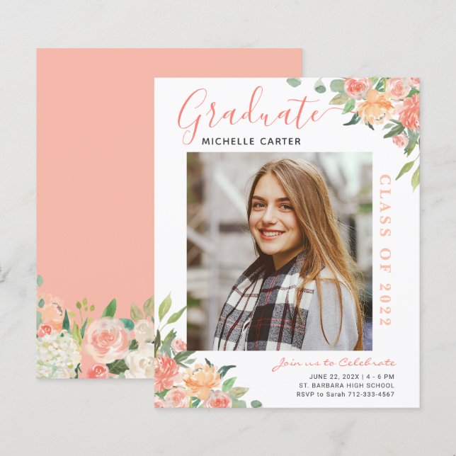 Anúncio de Graduação com Foto Floral Coral (Frente/Verso)