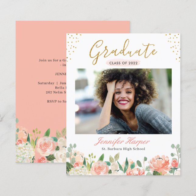 Anúncio de Graduação com Foto Floral Coral (Frente/Verso)