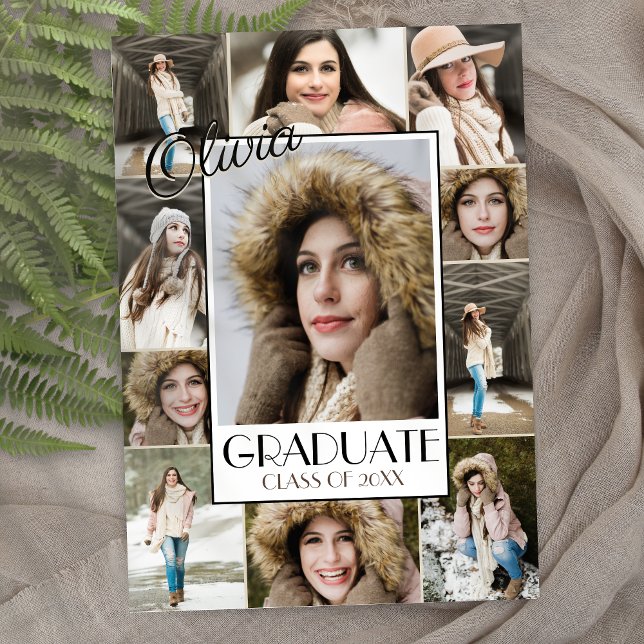 Anúncio de Graduação da Colagem de Fotos Moderna 1 (modern elegant trendy senior photo collage graduation announcement invitations with script)