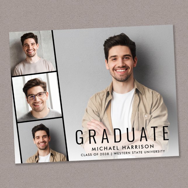 Anúncio de Graduação da Faixa de Fotos Moderna do  (A personalized photo graduation party invitation to celebrate the graduate's achievements)